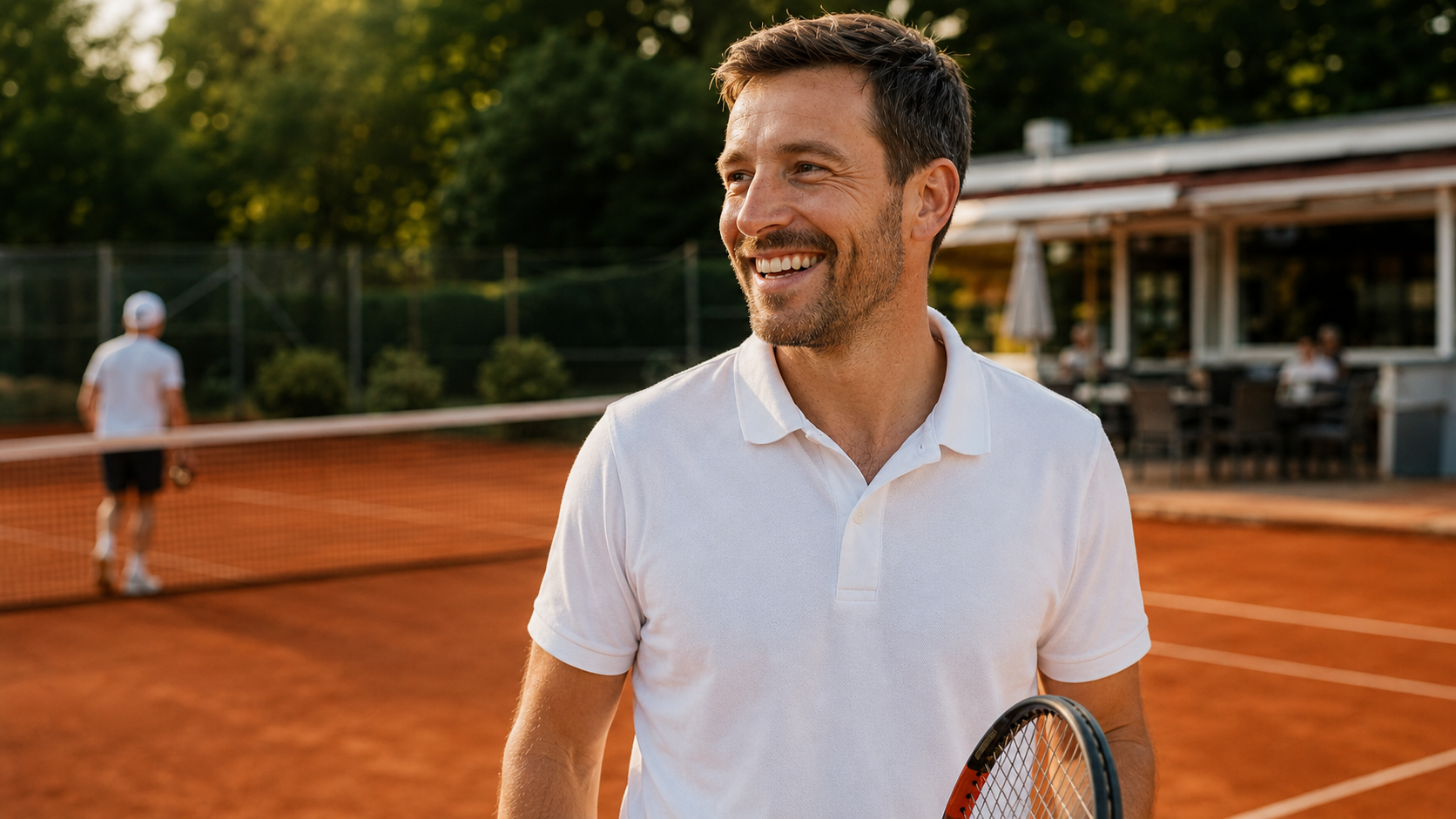 Bernd steht entspannt mit Tennisschläger auf einem Tennisplatz und freut sich auf ein spontanes Spiel