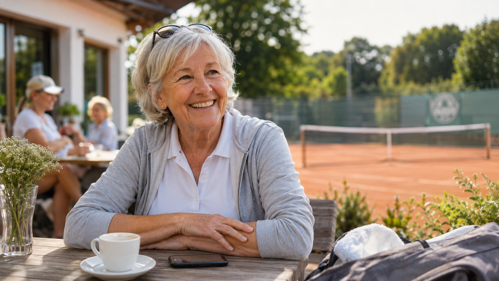 Jule sitzt entspannt im Tennisclub und merkt, dass digitale Organisation auch einfach sein kann