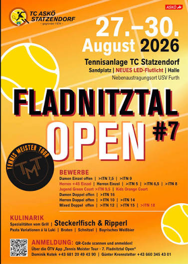 Turnierplakat der 7. Fladnitztal-Open des TC ASKÖ Statzendorf vom 27. bis 30. August 2026