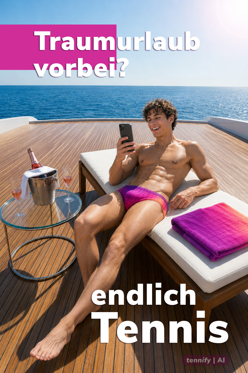 Sommer-Kampagnenmotiv von tennify mit einer Person auf einer Yacht und dem Slogan Traumurlaub vorbei, endlich Tennis