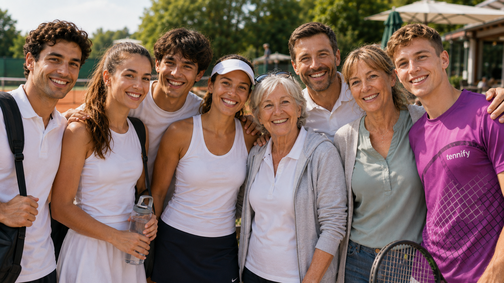 Gruppe von Spielerinnen und Spielern auf einer Tennisanlage für die tennify Spieleraktion 2026