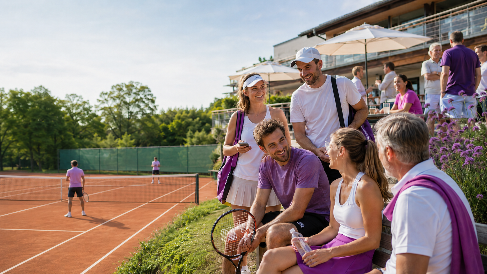 Mitglieder eines Tennisvereins unterhalten sich auf der Terrasse neben dem Tennisplatz